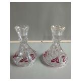 Two Clear Glass Candle Holders with Red Accents