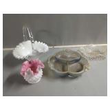 Four Piece Glassware Lot: Basket, Dish, Bowl, and Divided Tray