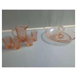 Pink Depression Glass Pitcher, Shot Glasses, and Heart Handled Plate