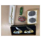 Belt Buckles, Knives, and a Seiko Jade Bracelet Watch Collection
