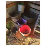 Assorted Buckets, Tubs, and Horse Halters