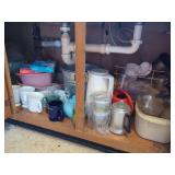 Assorted Kitchenware, Cleaning Supplies, and Glassware Collection