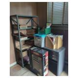 Metal Desk, Shelving Unit, and Contents