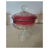 Crimson Banded Glass Candy Dish with Lid