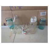 Assorted Glassware: Jars, Drinking Glasses, and Milk Bottle