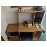 Wood Desk, Framed Dog Print and Figurine Assortment