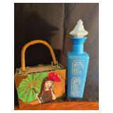 Cigar Box Purse and Blue Glass Bottle