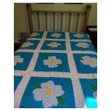 Teal and White Floral Appliqued Quilt