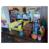 Wooden Tool Box, Pioneer AVIC-X940BT Radio, and Assorted Cleaning/Gardening Items