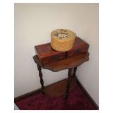 Wooden Side Table with Two Cigar Boxes and Decorated Woven Box
