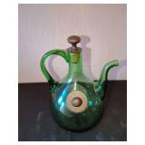 Green Glass Carafe with Metal Accents