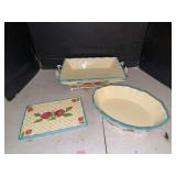 Temptations Old World Rose Baking Dish Set with Stand and Trivet
