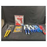 Arrow GT21DT Glue Gun, DeWalt DW4790 Blade, Klein Tools D530-10 Pliers, Kobalt Wire Strippers, Channellock 336 Pliers, Craftsman Screwdriver