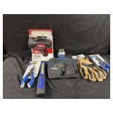 Assorted Tools Including Hyper Tough Spotlight, Kobalt Pliers, Work Gloves and Tool Belt