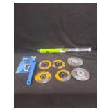 Grinding Wheels, Pipe Wrench, and Auger Bit