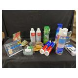 Air Wick, Eaton, Zevo, Sea Foam, DAP Max Fill, Loctite Power Grab, Screws, and Leather Gloves