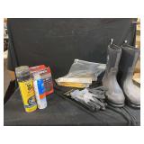 Assorted Tools and Equipment Including Muck Boots Size 9, Gloves, Saw Blades and Snapper Battery