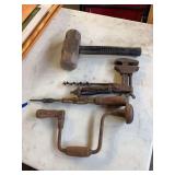 Assorted Tools: Hammer, Hand Drills, and Combination Wrench