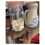 Salmon Falls Stoneware Pitcher and Seashells in Glass Jar