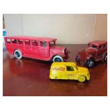 Cast Metal Toy Vehicles: Bus, Sedan, and Coca-Cola Truck