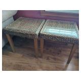 Set of Two Wicker Side Tables with Glass Tops