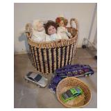 Basket with Assorted Dolls and Toy Vehicles