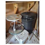 Household Items Including Tables, Stool, and Trash Can with Linens