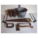Hand Tools Including Saws, Hammer, Hatchet, Bucket, and C-Clamp