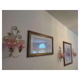 Two Framed Floral Prints and Two Candle Sconces