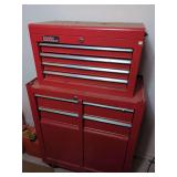 Popular Mechanics Red Two-Piece Tool Cabinet with Assorted Tools and Parts