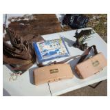 Tackle Boxes, Blue Utility Tarp, and Bass Statue