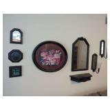 Framed Wall Decor: Mirrors, Floral Art, Candle Holders, and Shelf