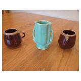 Two Brown Drip Mugs and McCoy Vase