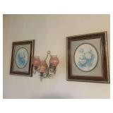 Framed Floral Prints and Wall Sconce