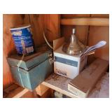 Kohler Showerhead and Installation Kit, Toolbox and Maxwell House Coffee Can