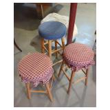 Three Wooden Stools with Cushioned Seats