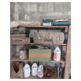 Shelf Contents with Assorted Tool Boxes, Coolant, and Chainsaw