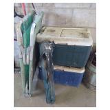 Two Coleman Coolers and Folding Camp Cot