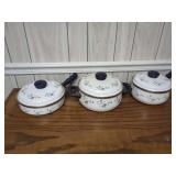 Three Enamelware Cooking Pots with Floral Design
