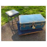 Metal Stool and Blue Metal Trunk