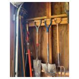 Garden Tools Including Shovels, Rake, Hoe, and More