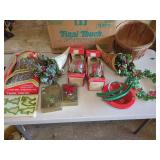 Holiday Decorations Including Hurricane Christmas Candles, Tinsel, and Tree Stand