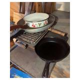 Assorted Cookware: Cast Iron Skillet, Frying Pan, and Enamel Coated Bowl