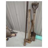 Group of Assorted Long-Handled Implements including Shovel and Axes