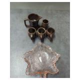 Ceramic Pitcher, Mugs, and Glass Leaf Dish Collection