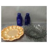Glass Assortment including Two Cobalt Blue Bottles and Two Bowls