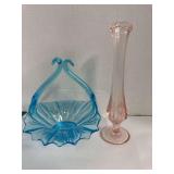 Colonial Blue Art Glass Basket and Pink Bud Vase