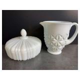 Milk Glass Pitcher and Covered Dish