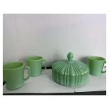 Jadite Candy Dish and 3 Coffee Cups