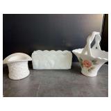 Milk Glass and Ceramic Basket